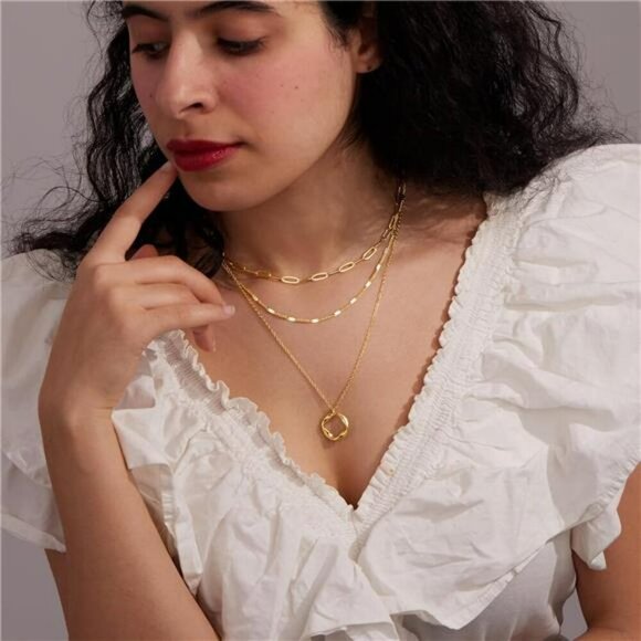 Layered Gold Necklace Set Dainty Paperclip Chain Cross Circle Pendant Jewelry - Picture 4 of 8